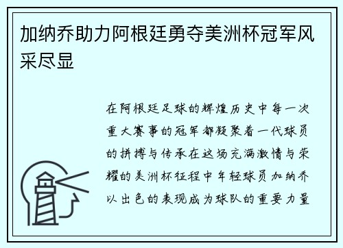 加纳乔助力阿根廷勇夺美洲杯冠军风采尽显