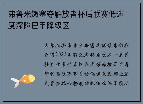 弗鲁米嫩塞夺解放者杯后联赛低迷 一度深陷巴甲降级区 弗鲁米嫩塞夺解放者杯后联赛低迷 一度深陷巴甲降级区